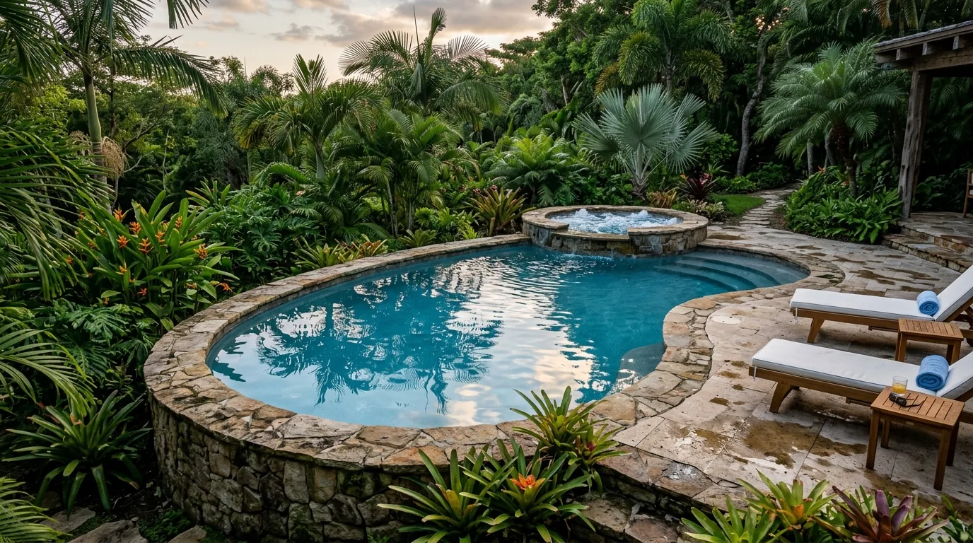 Semi Inground Pool With Stone Coping